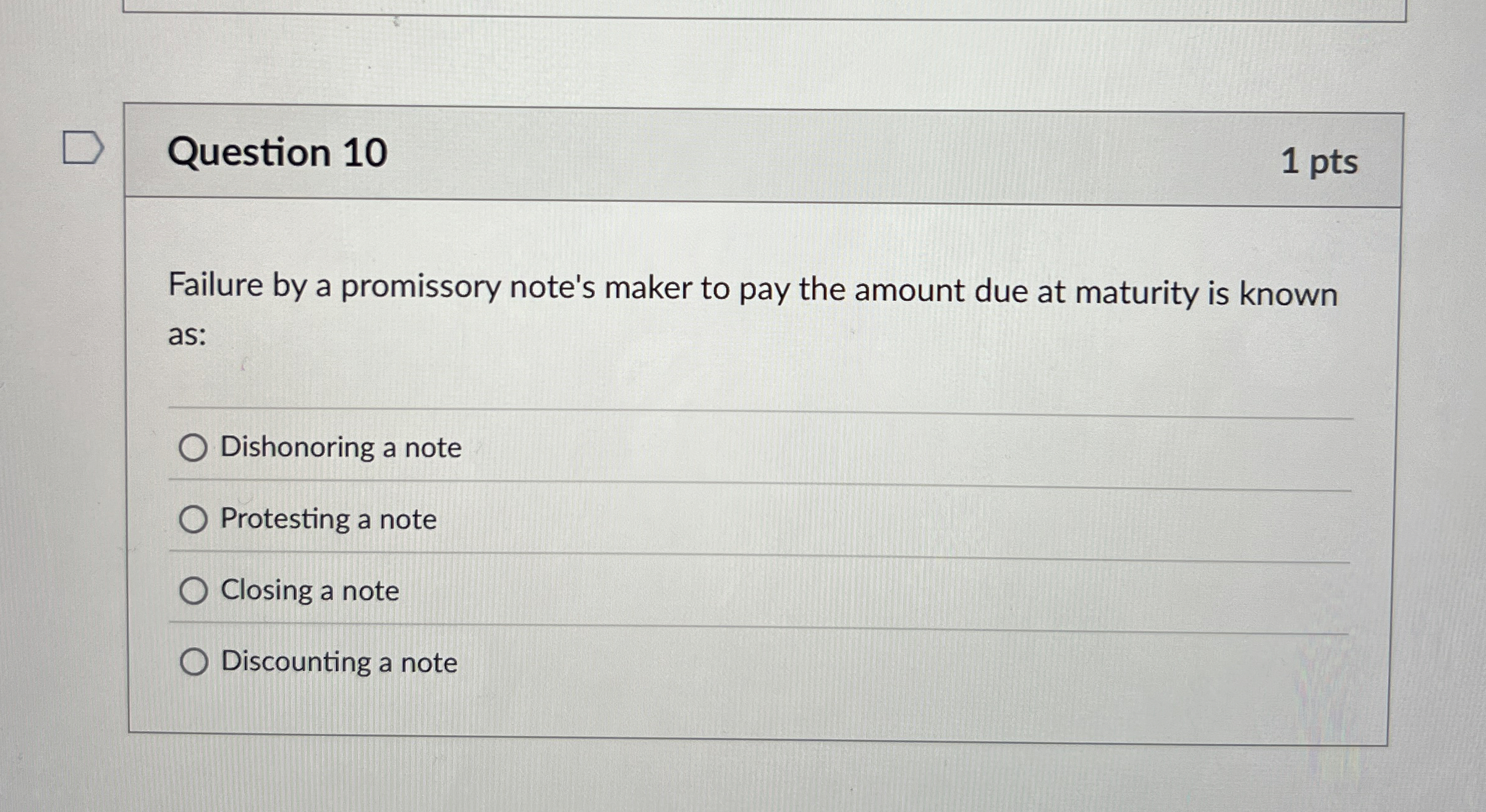 Question 1 0 1 pts Failure by a promissory note's