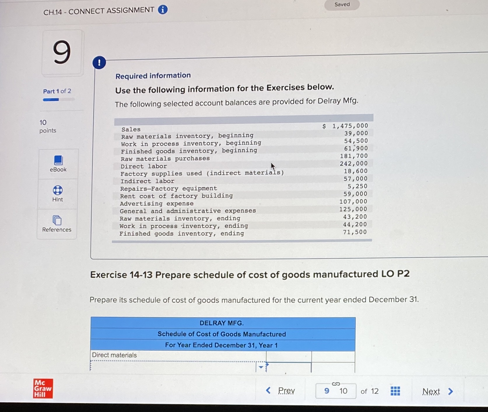 CH.14 - CONNECT ASSIGNMENT i Saved 9 Required