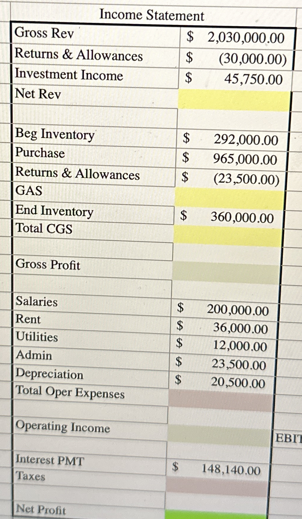 \ table [ [ Income Statement ] , [ Gross Rev,$ ,