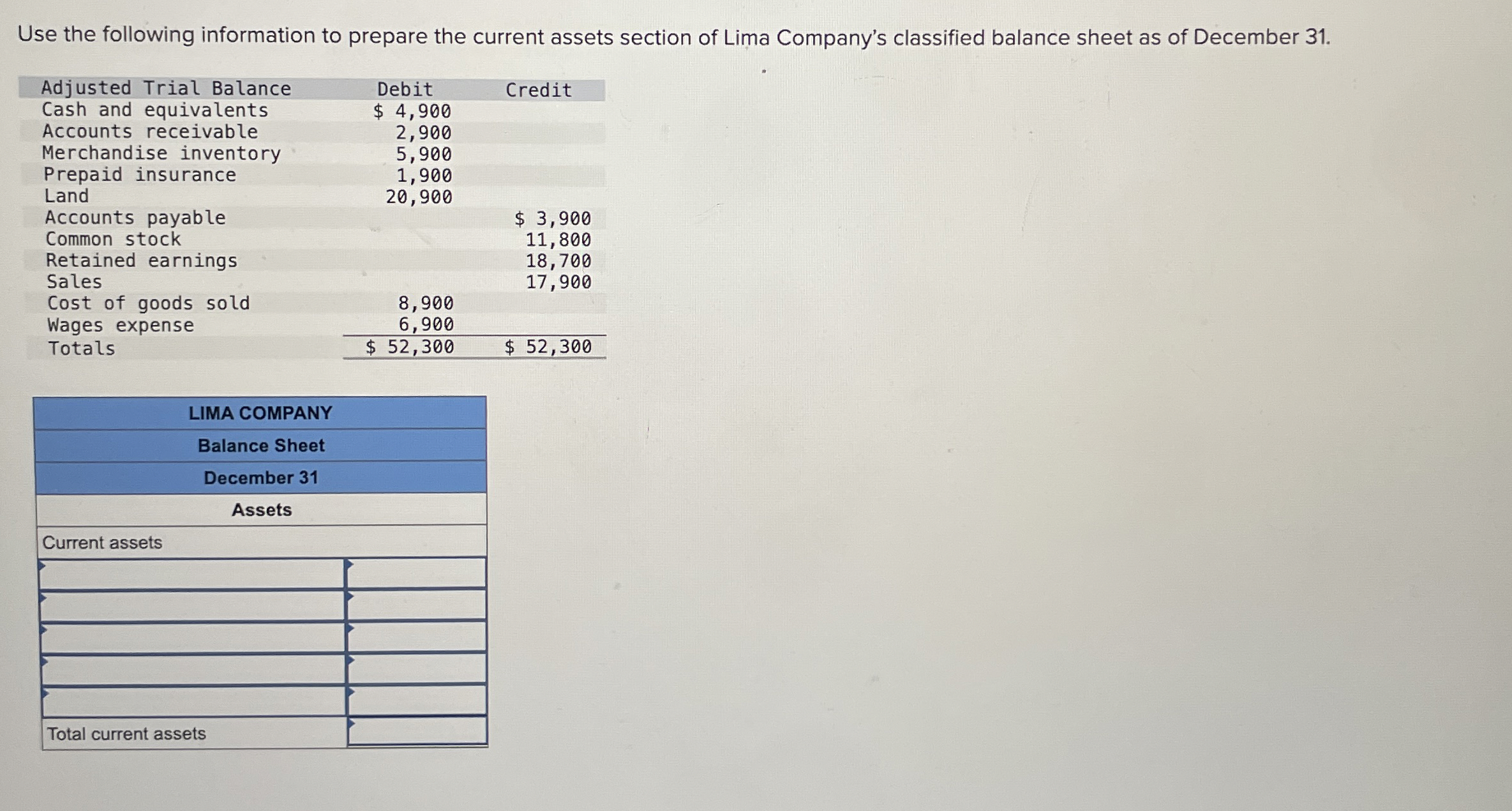 Use the following information to prepare the