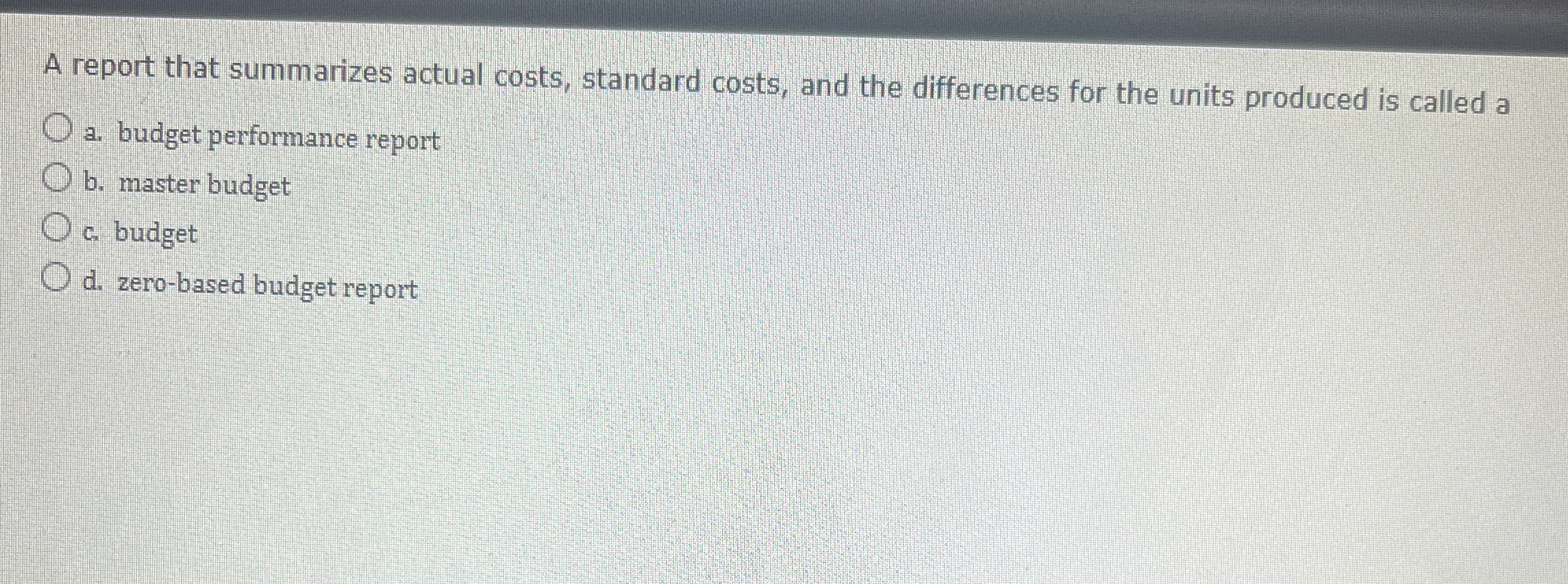 A report that summarizes actual costs, standard