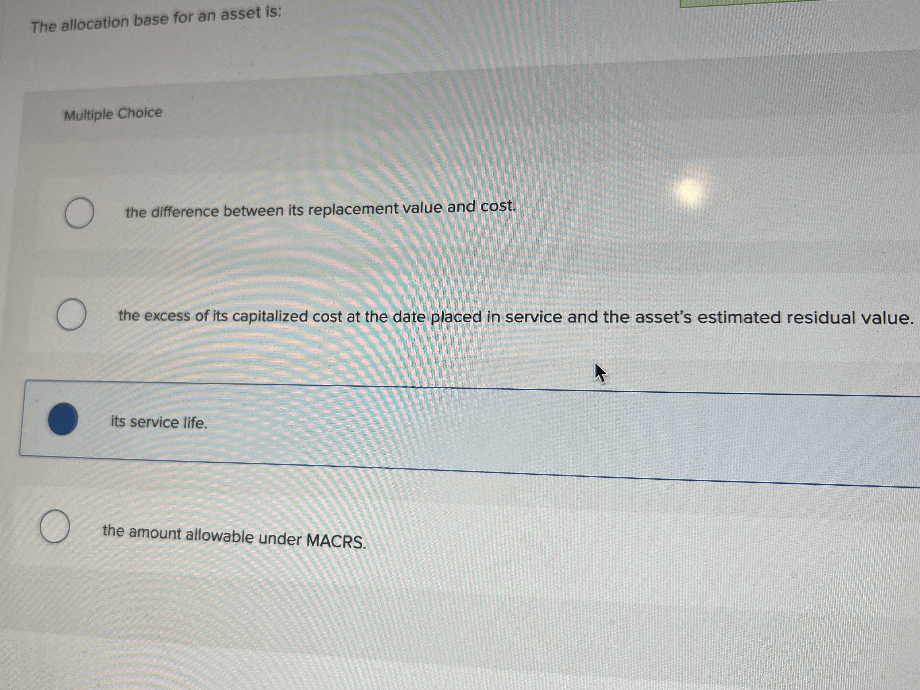 The allocation base for an asset is: Multiple