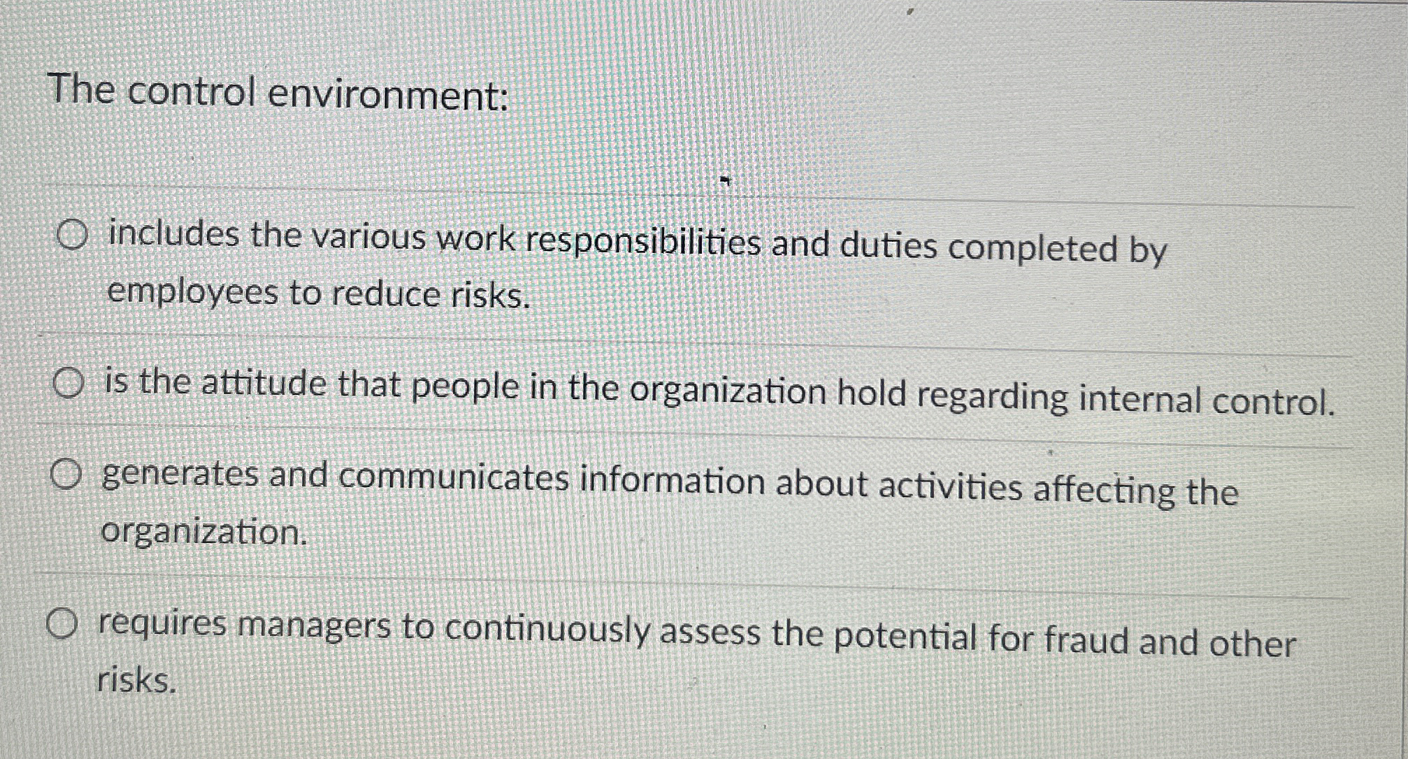 The control environment: includes the various