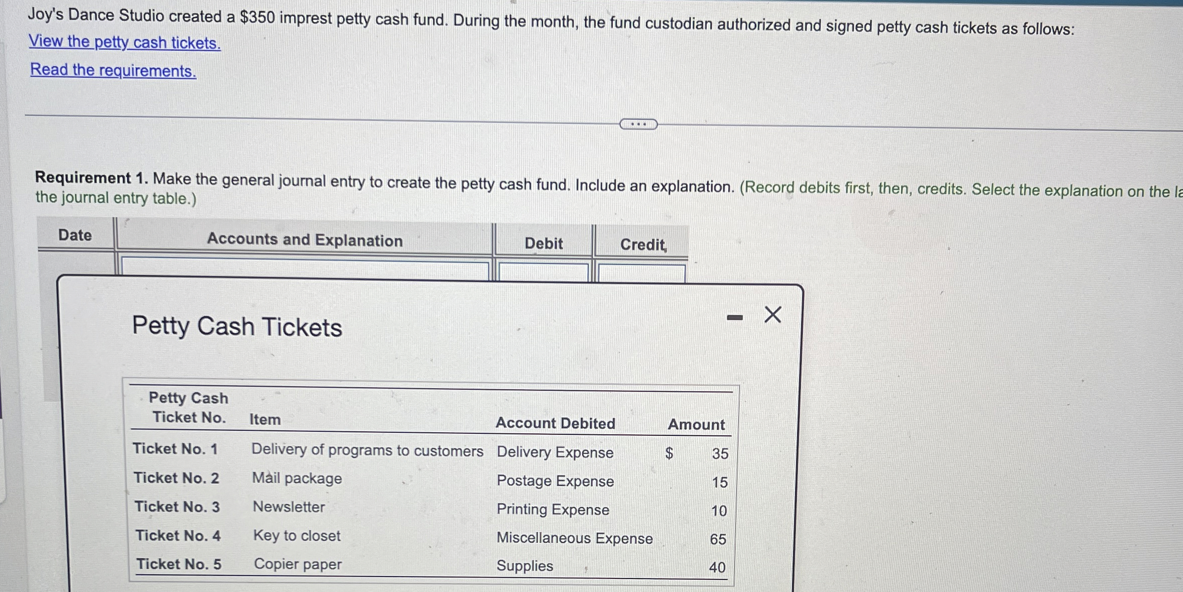 Joy's Dance Studio created a $ 3 5 0 imprest
