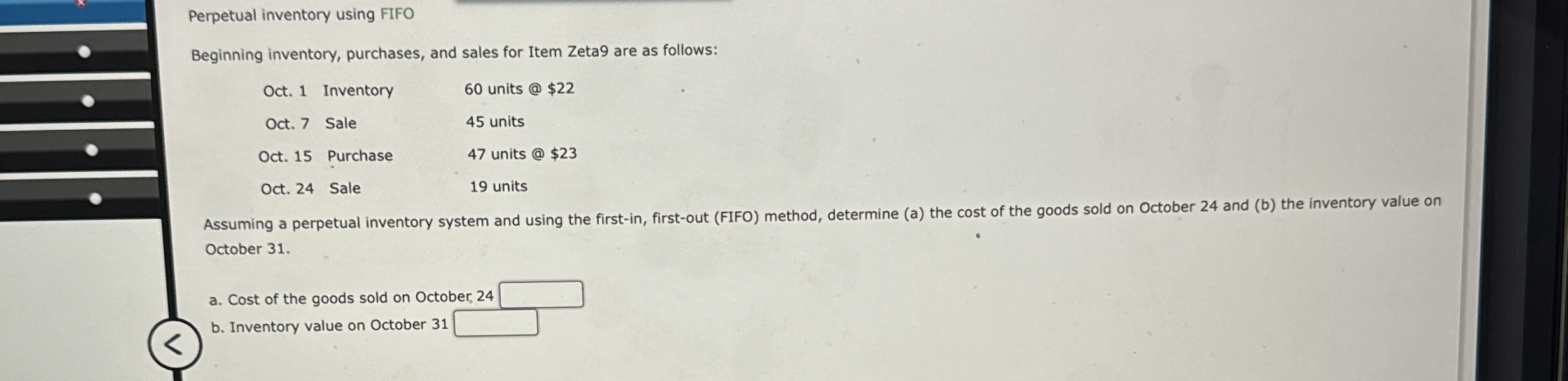 Perpetual inventory using FIFO Beginning