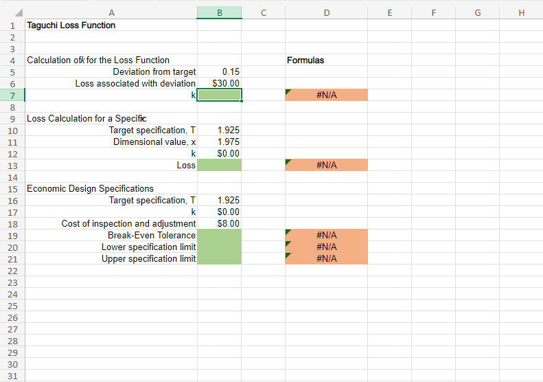A B C D Taguchi Loss Function E F G H W NP 4