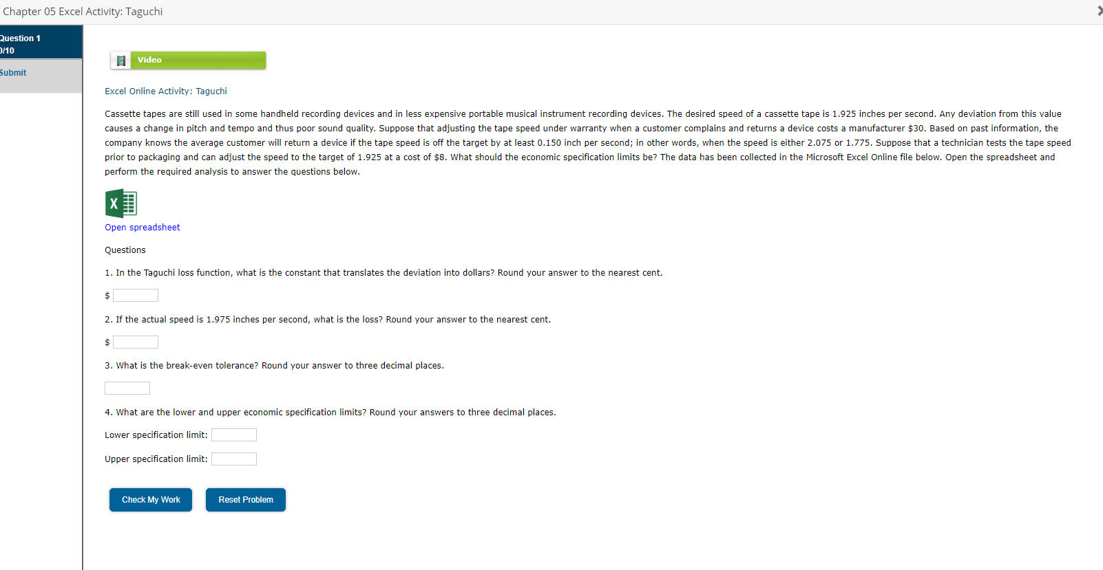 A B C D Taguchi Loss Function E F G H W NP 4