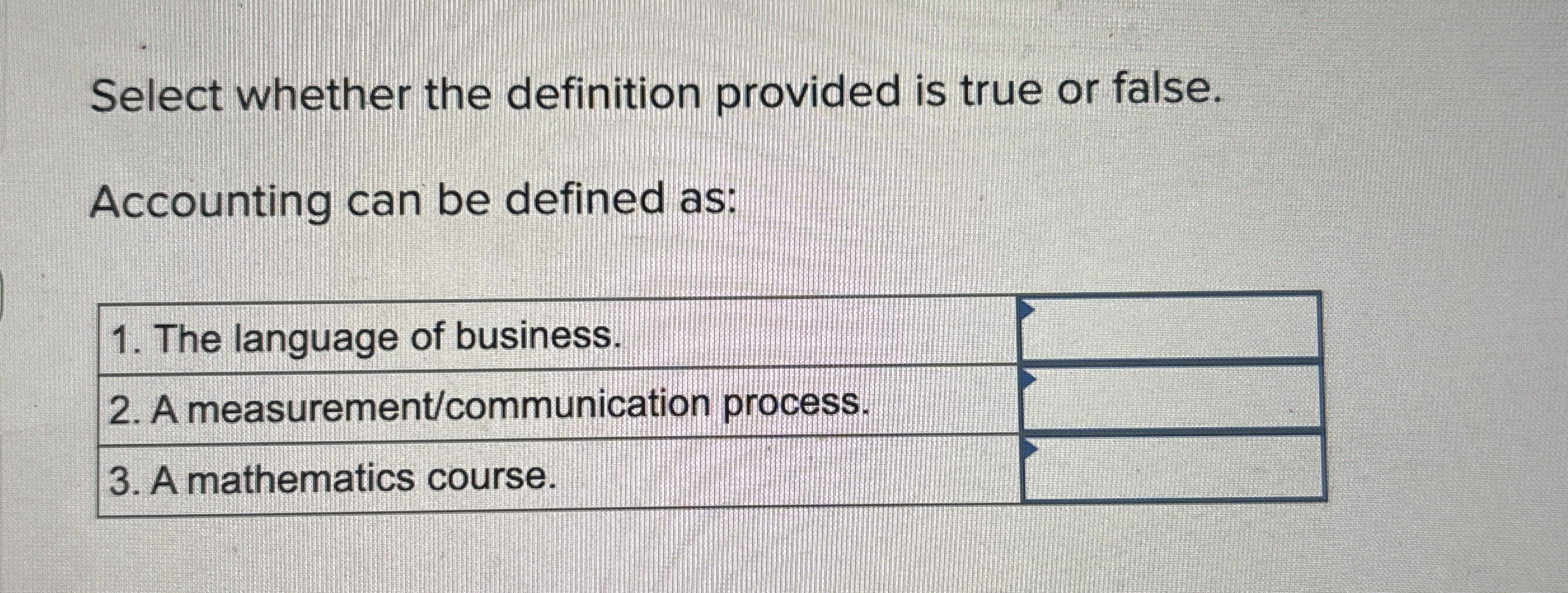 Select whether the definition provided is true or