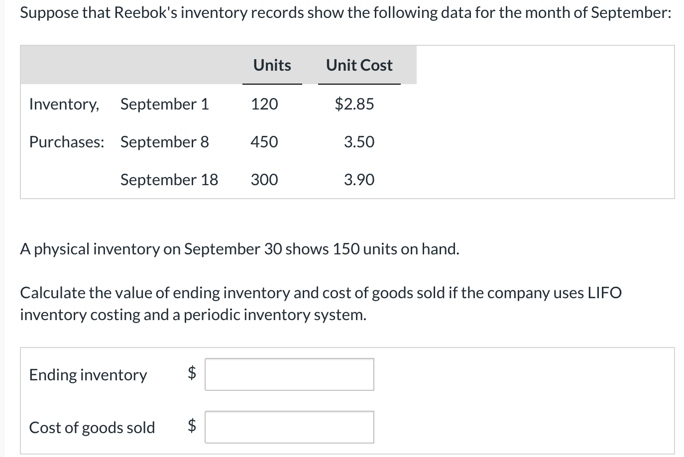 Suppose that Reebok's inventory records show the