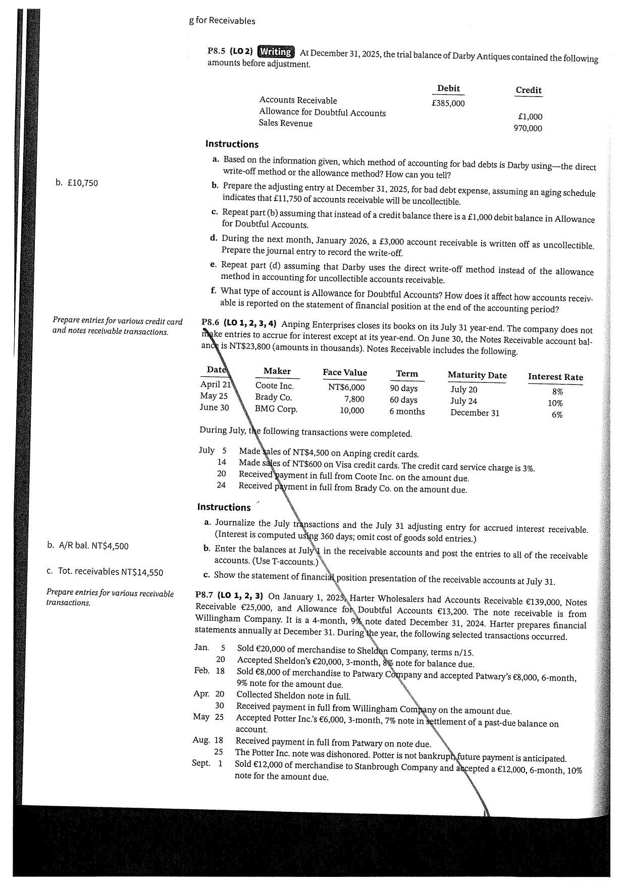 g for Receivables P8.5 (LO 2) Writing At December