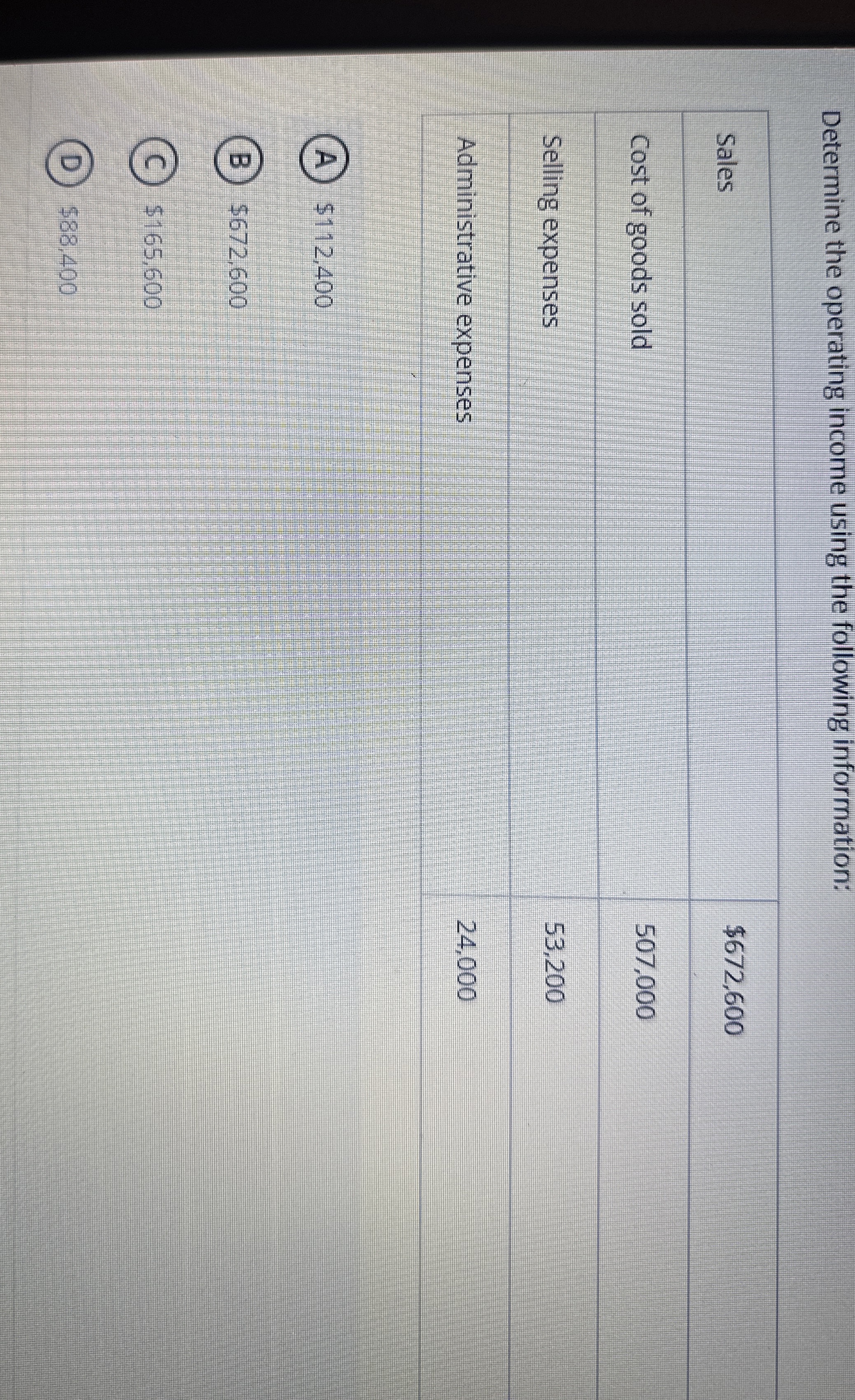 Determine the operating income using the