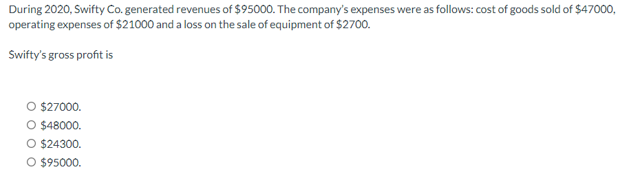 During 2 0 2 0 , Swifty C o . generated revenues