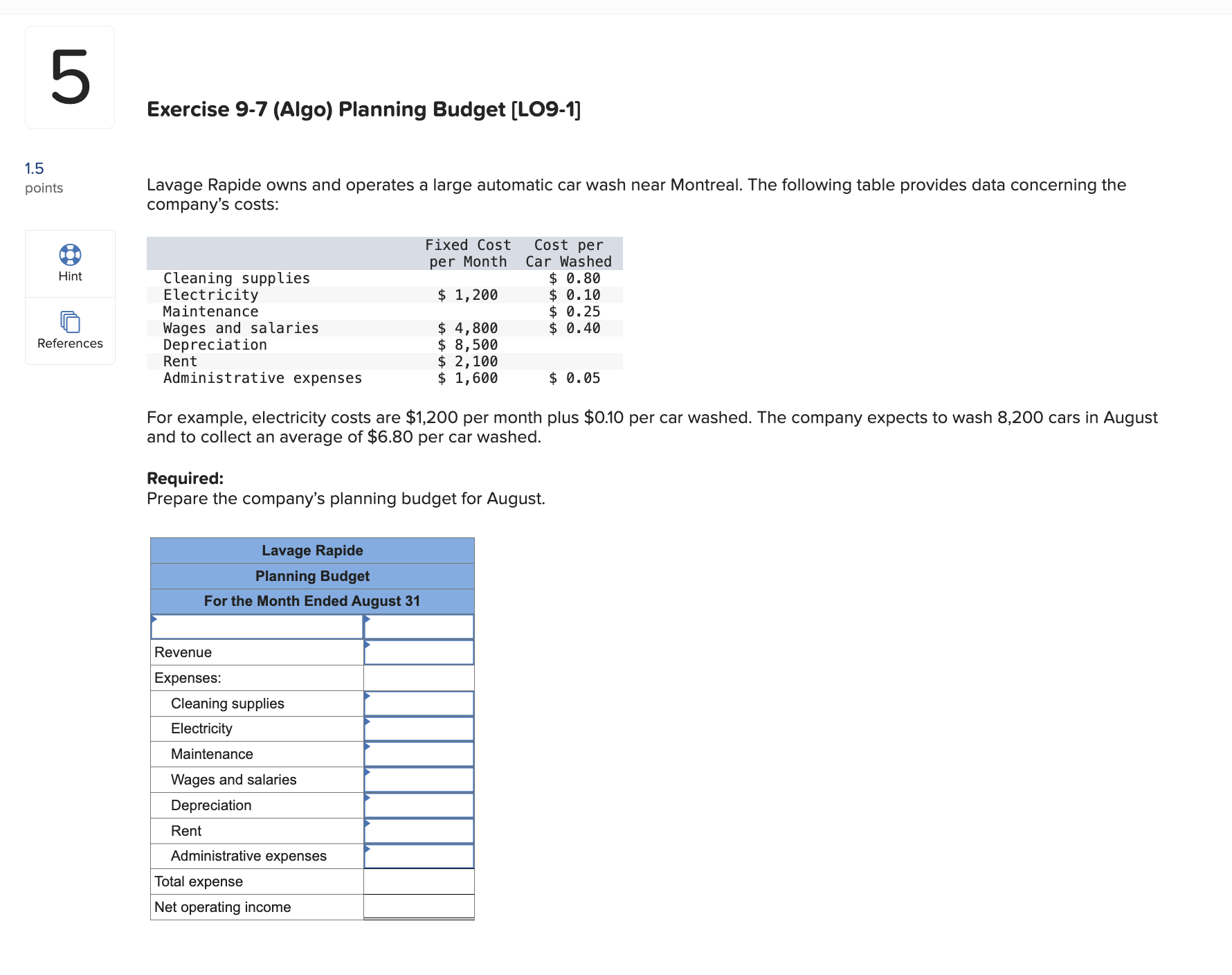 Exercise 9 - 7 ( Algo ) Planning Budget [ LO 9 -