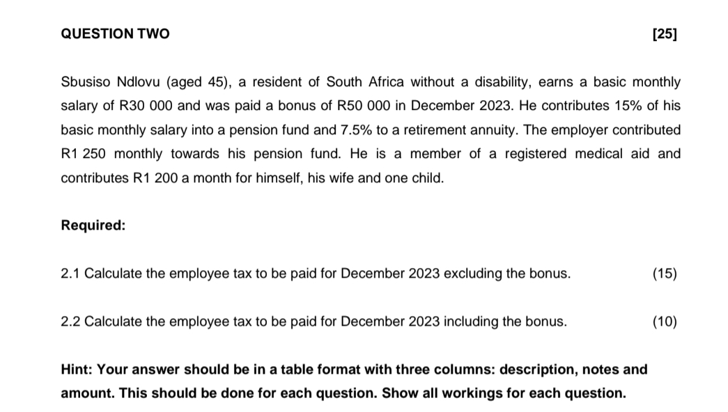 QUESTION TWO [ 2 5 ] Sbusiso Ndlovu ( aged 4 5 )