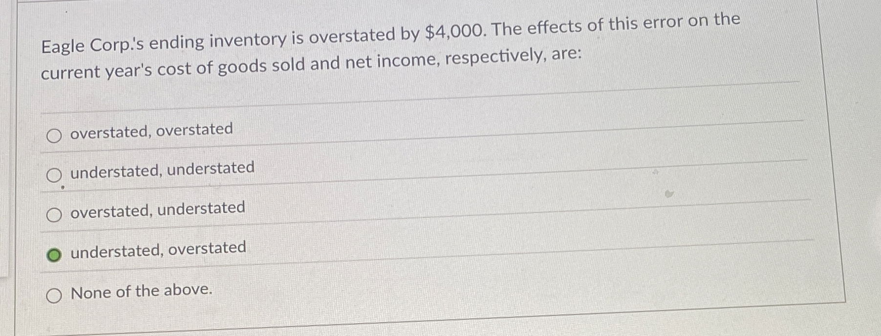 Eagle Corp. ' s ending inventory is overstated by