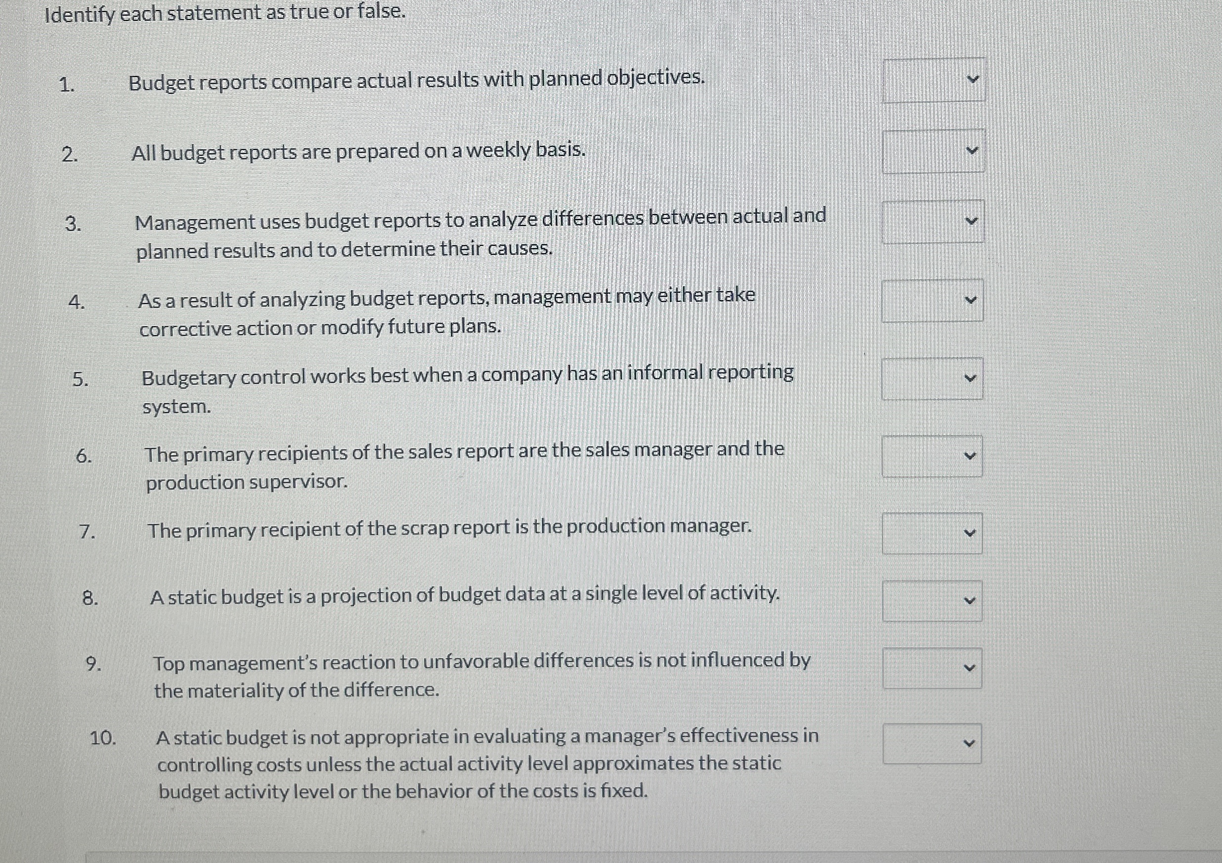 Identify each statement as true or false. Budget