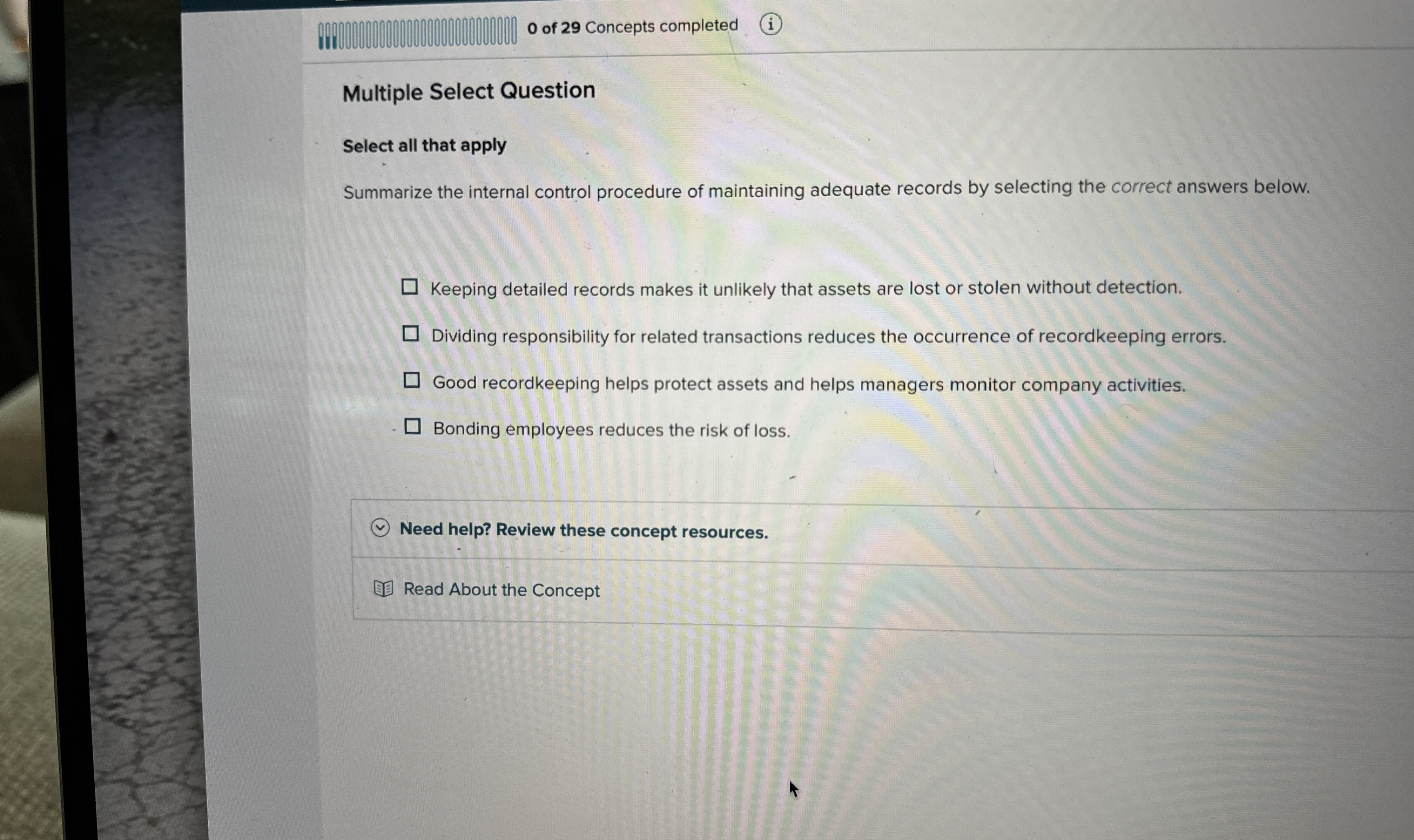 0 of 2 9 Concepts completed Multiple Select