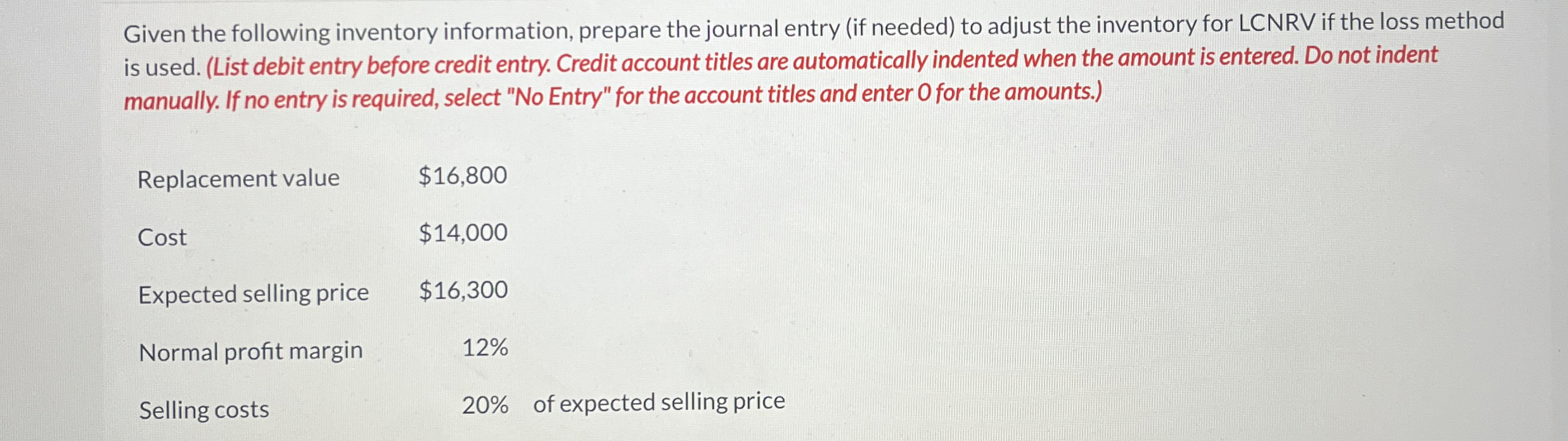 Given the following inventory information,