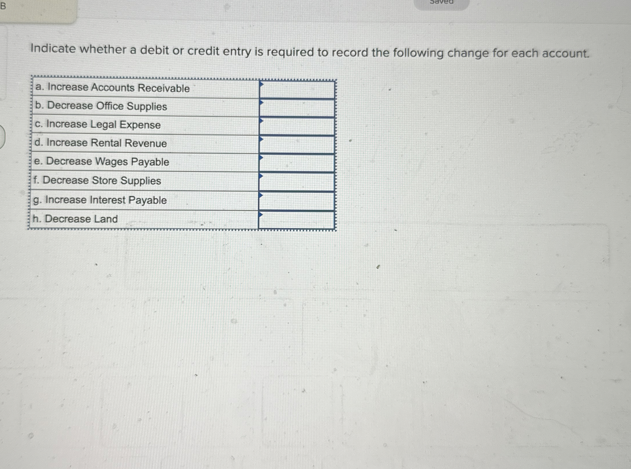 Indicate whether a debit or credit entry is