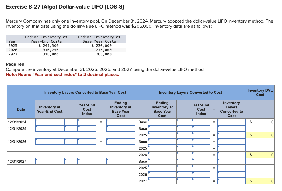 Exercise 8 - 2 7 ( Algo ) Dollar - value LIFO [