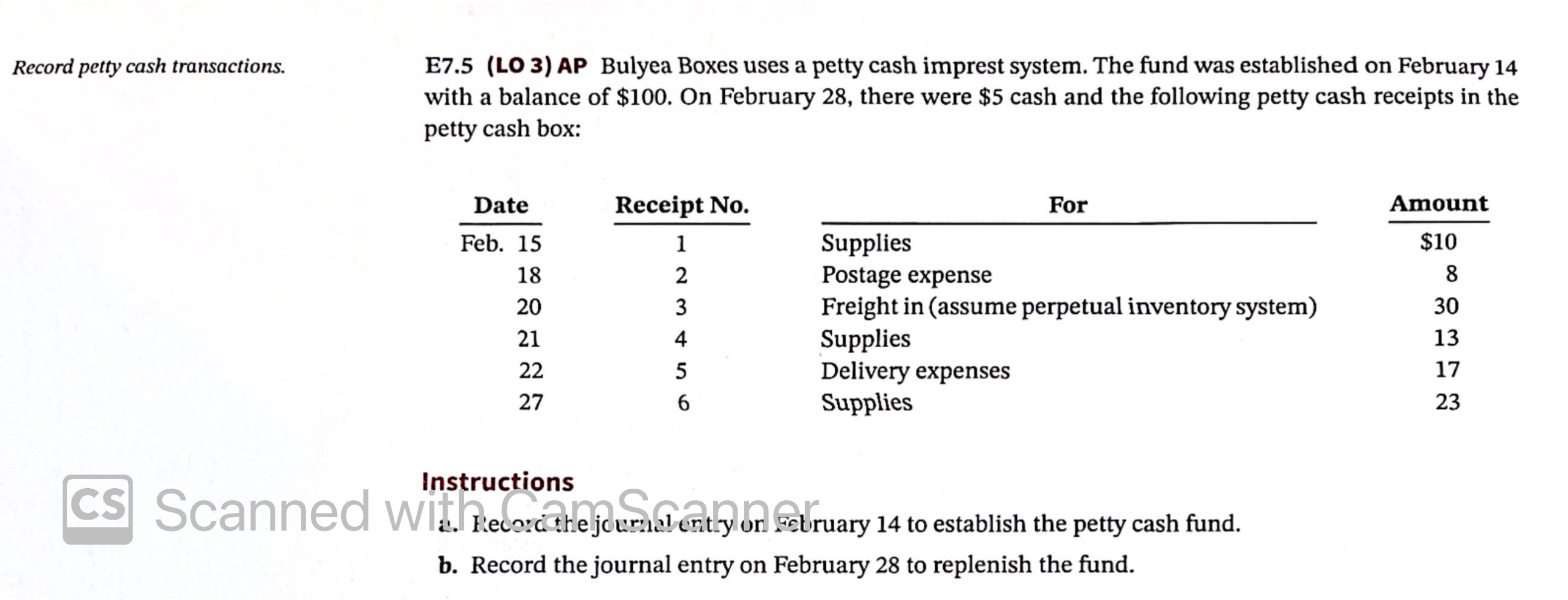 Record petty cash transactions. E 7 . 5 ( LO 3 )