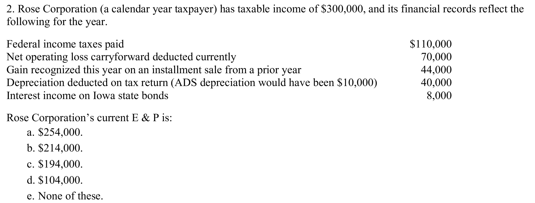 Rose Corporation ( a calendar year taxpayer ) has
