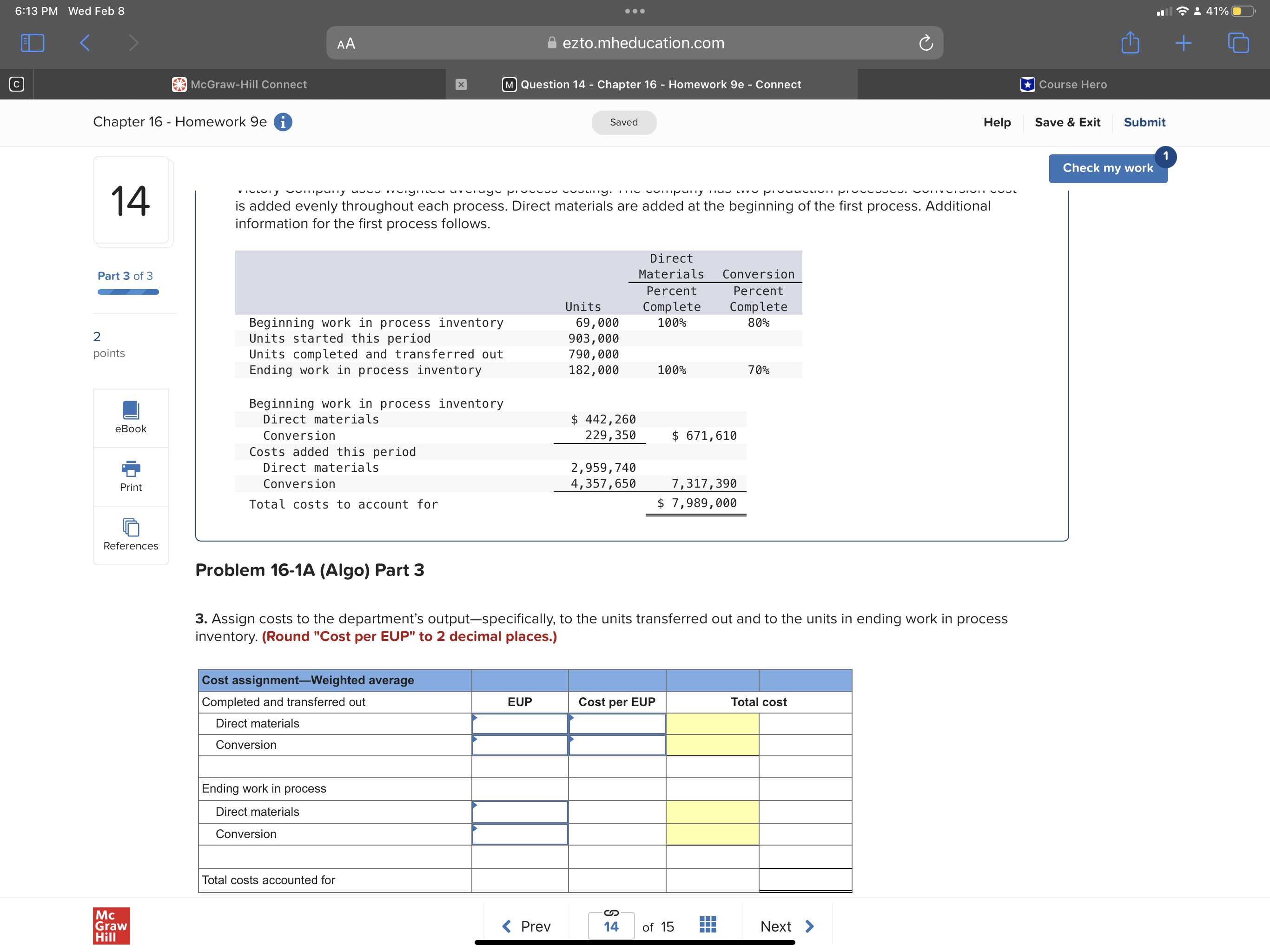 Problem 16-1A (Algo) Part 2 2. Compute cost per