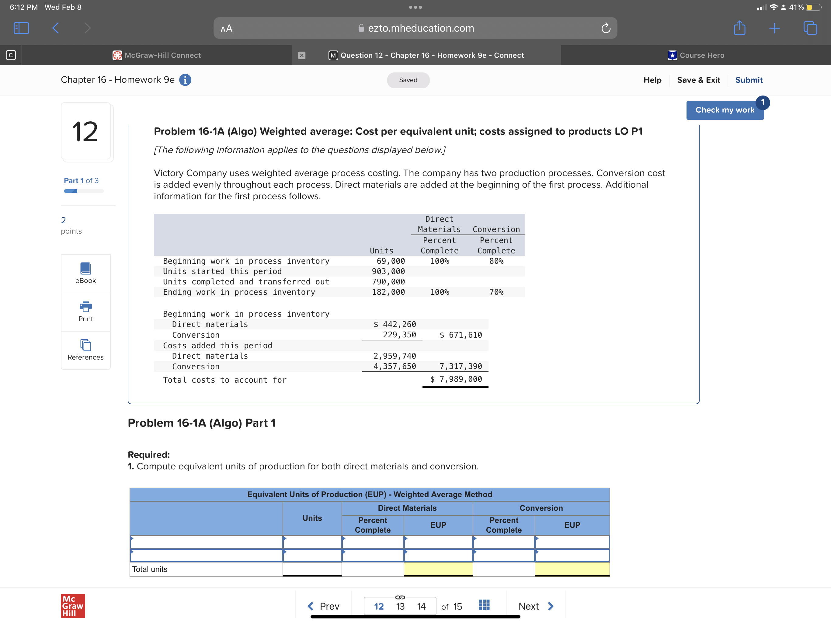 Problem 16-1A (Algo) Part 2 2. Compute cost per