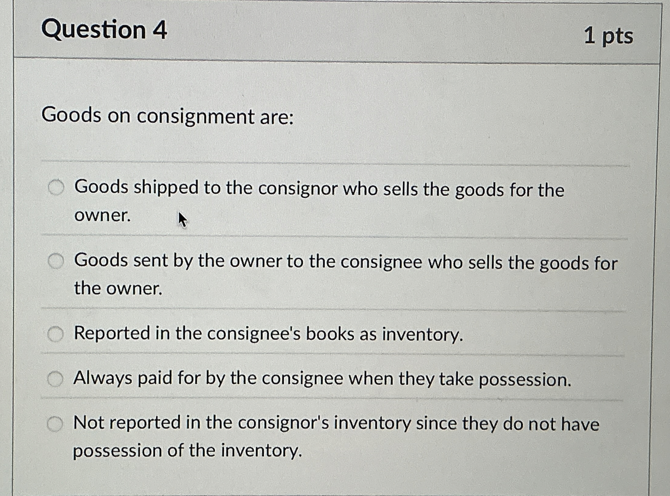 Question 4 1 pts Goods on consignment are: Goods