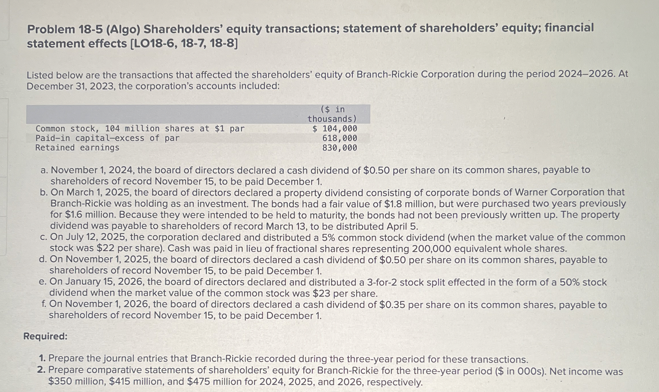Problem 1 8 - 5 ( Algo ) Shareholders' equity