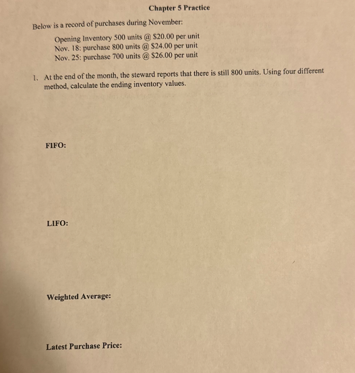 Chapter 5 Practice Below is a record of purchases