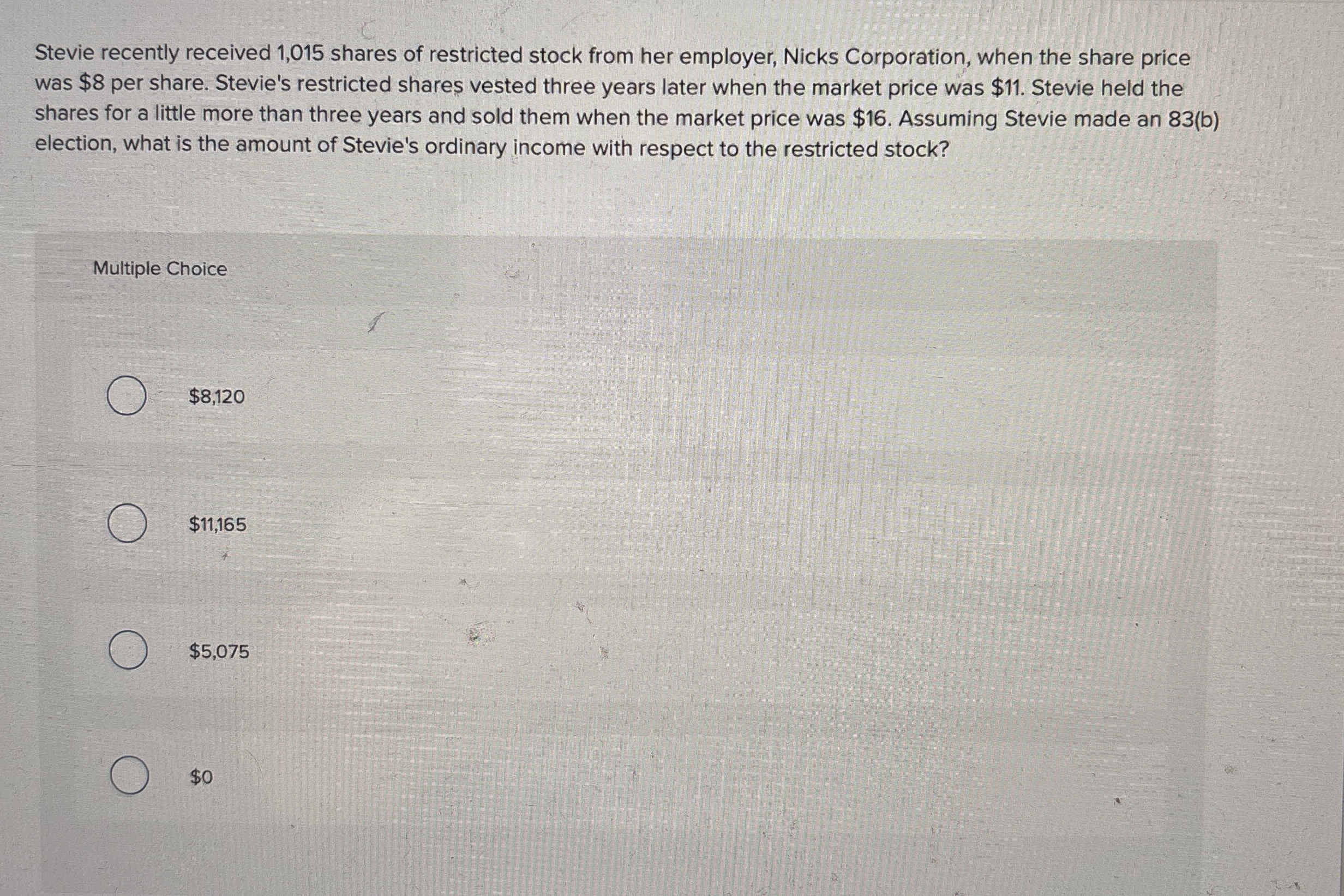 Stevie recently received 1 , 0 1 5 shares of