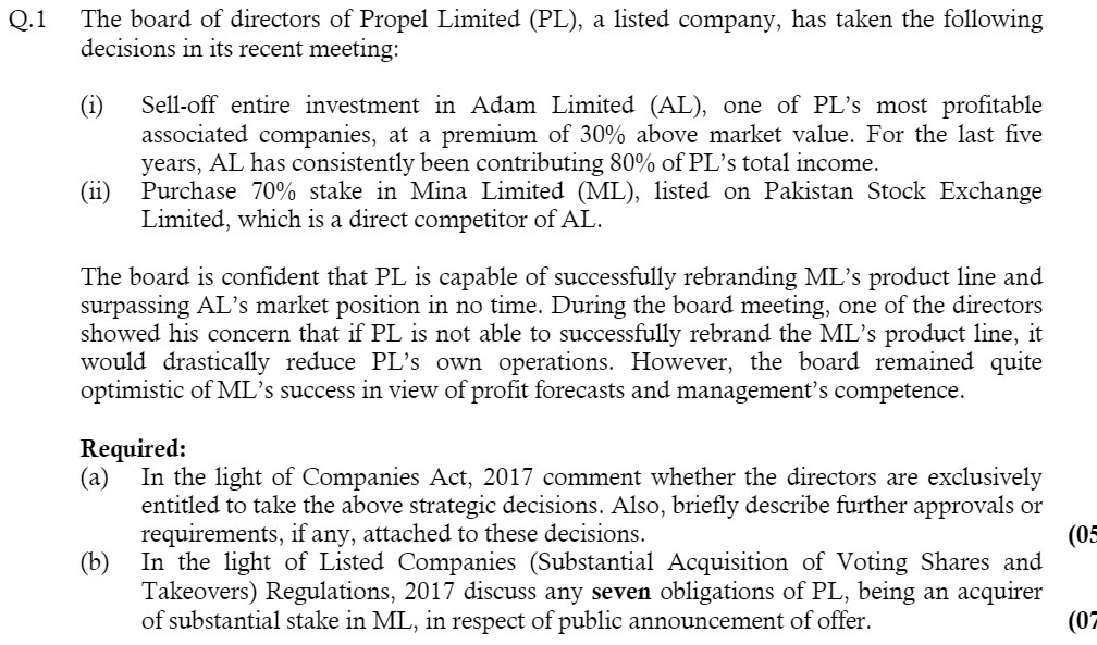 Q.1 The board of directors of Propel Limited