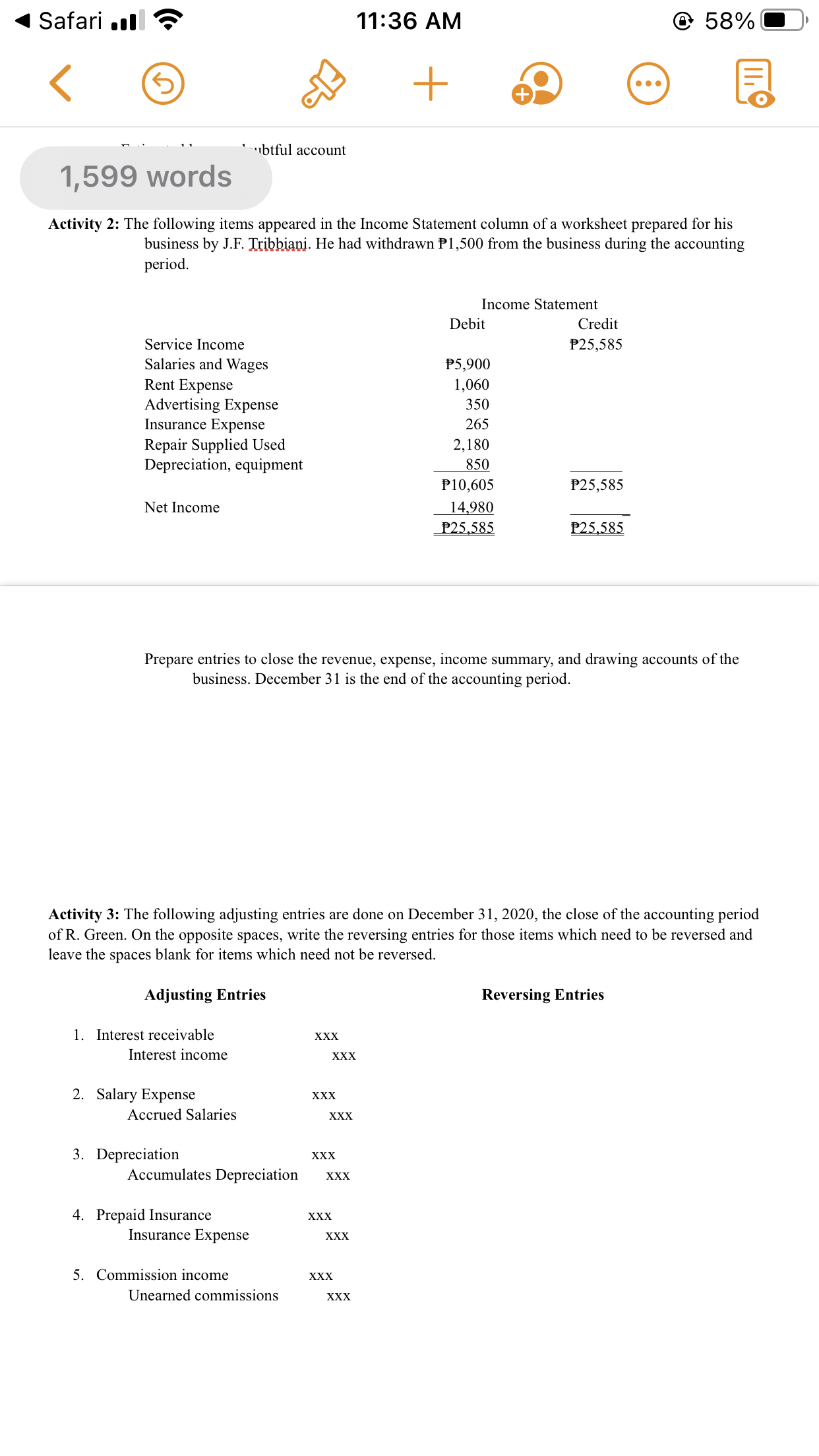 accouting 4 Safari ..| '5' 11:36 AM @ 58% E) <