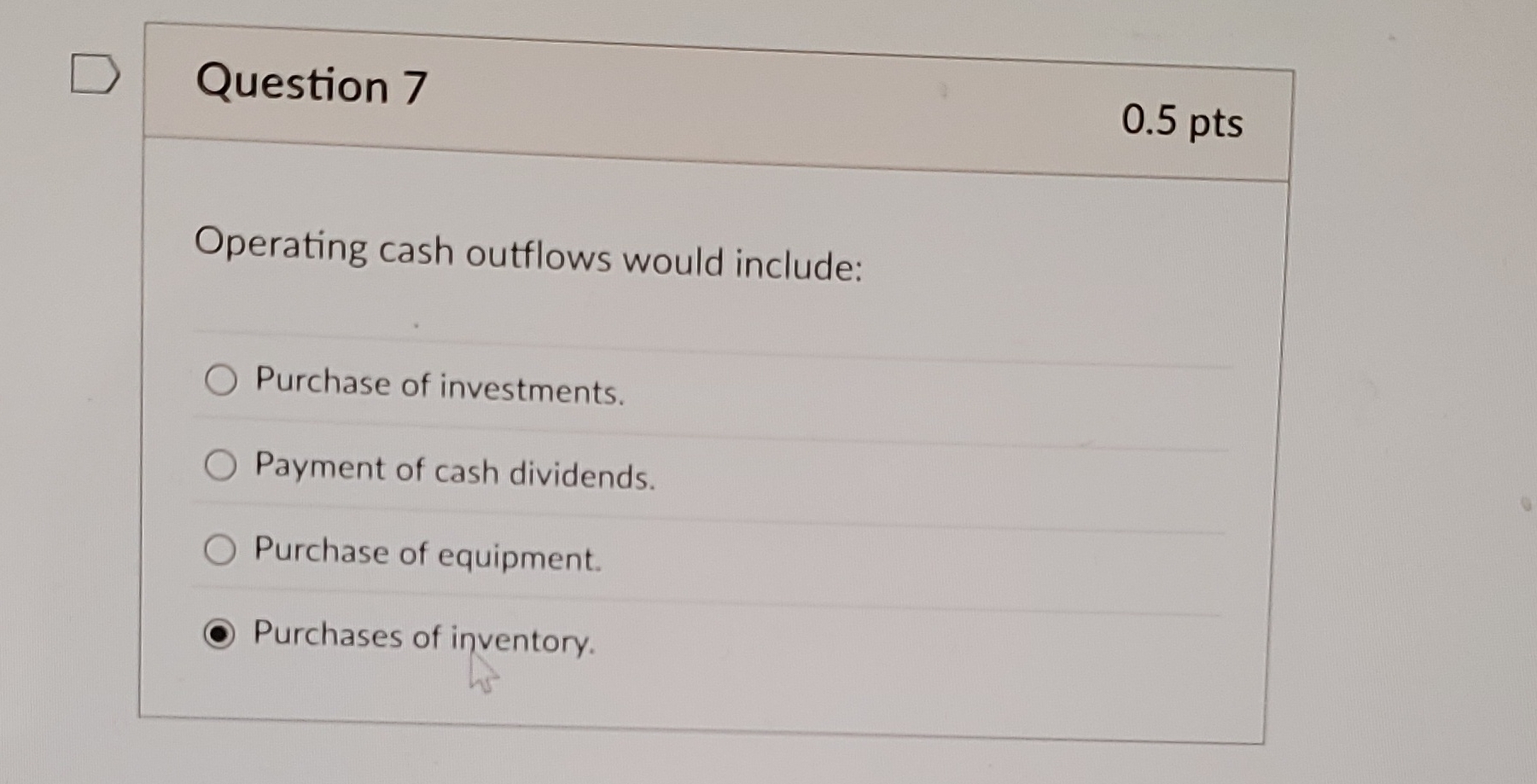 Question 7 0 . 5 pts Operating cash outflows