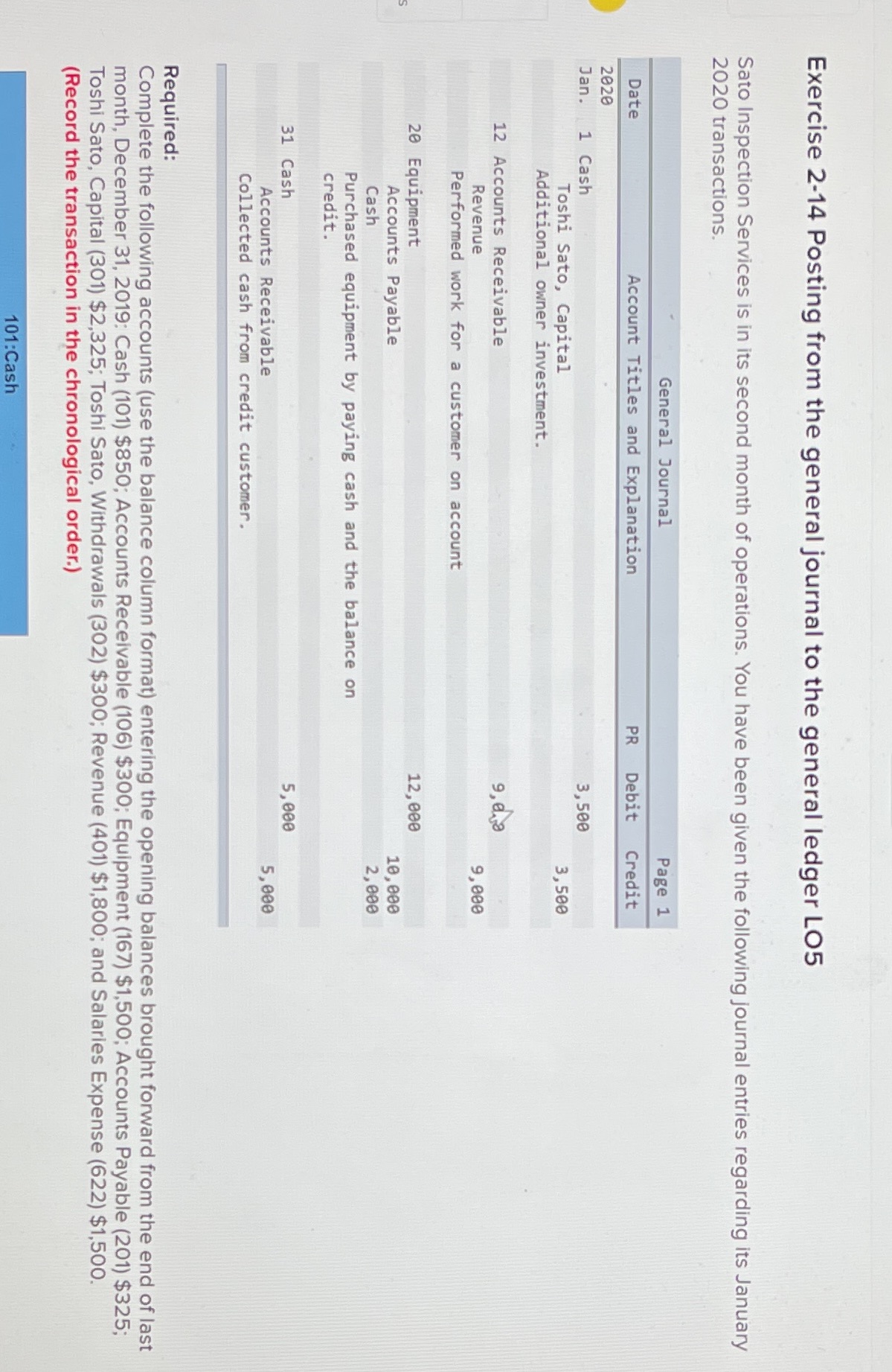 Exercise 2-14 Posting from the general journal to