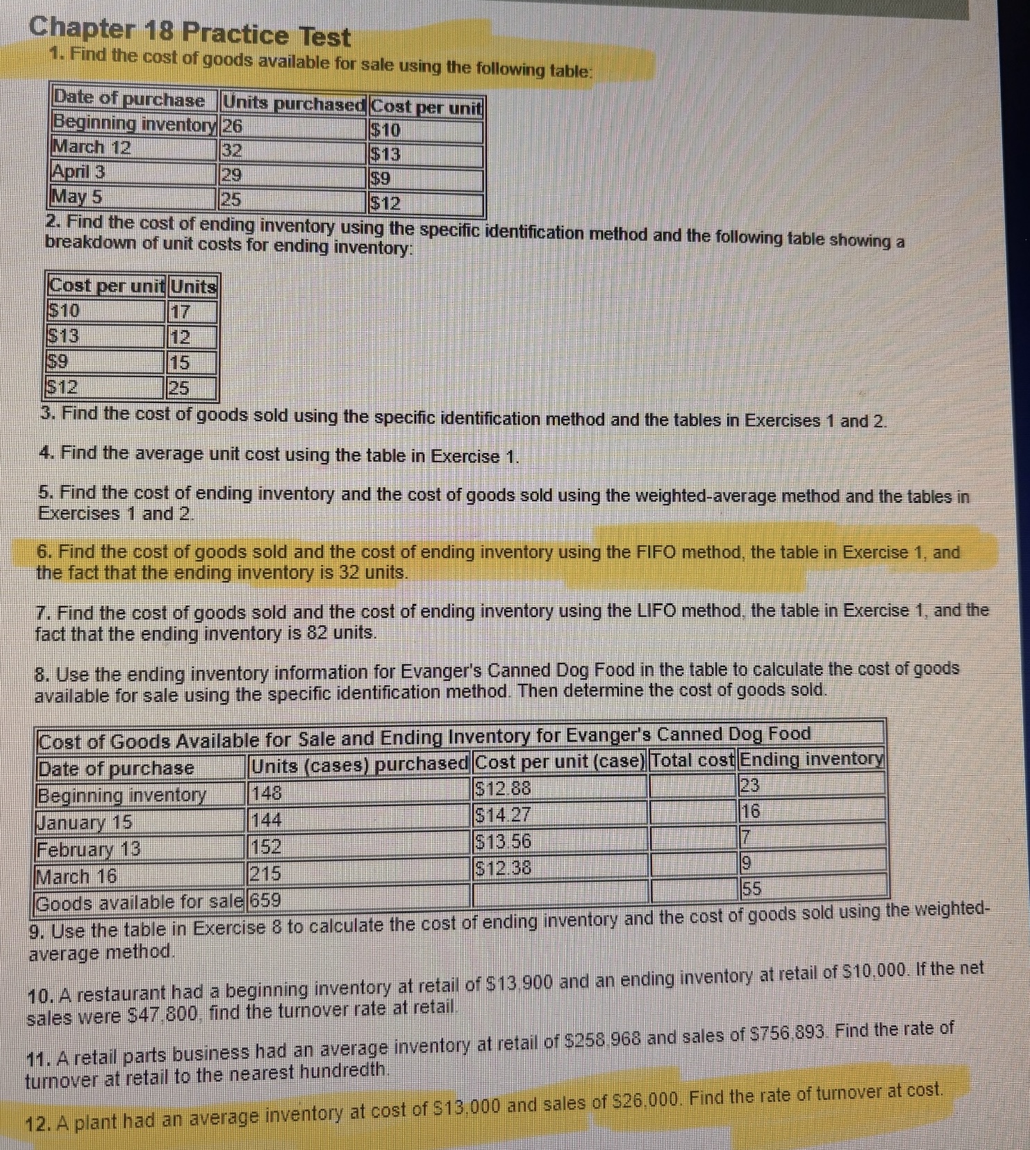 Please help me answer question #1 #6 and #12 E