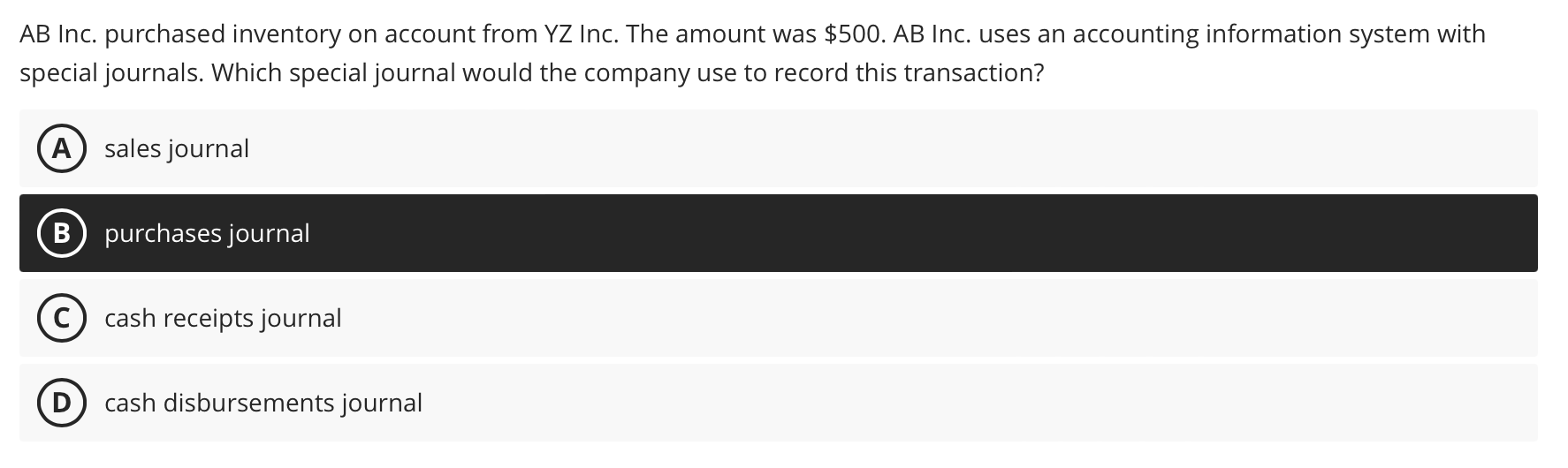 AB Inc. purchased inventory on account from YZ