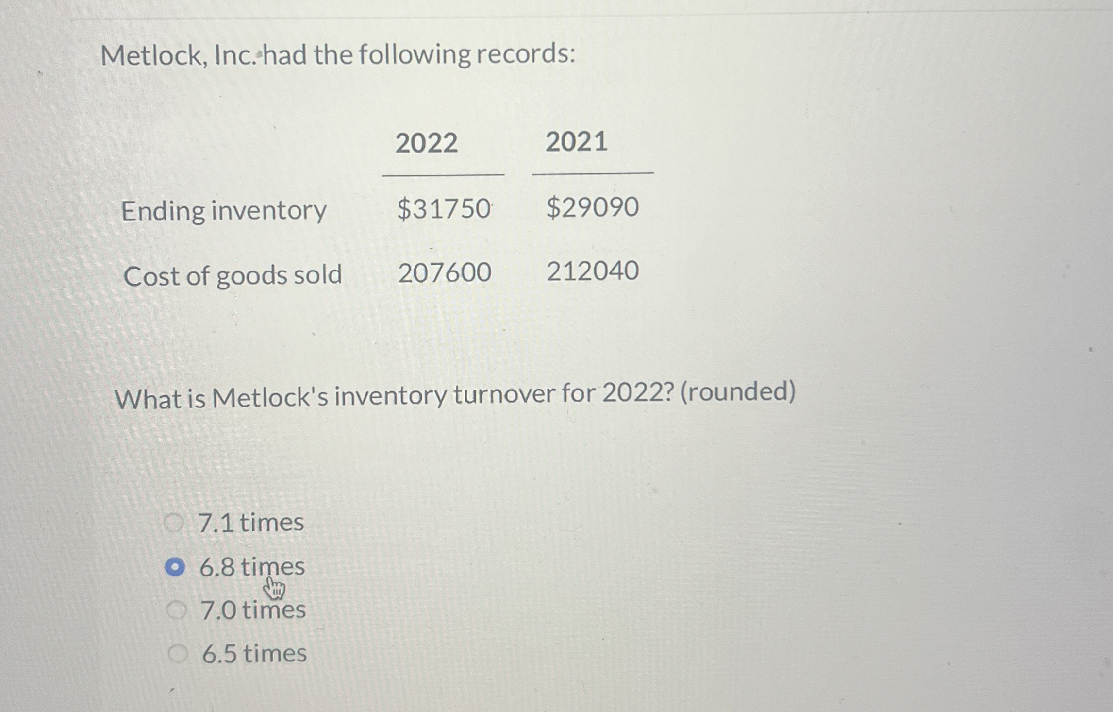 Metlock, Inc.had the following records: \ table [
