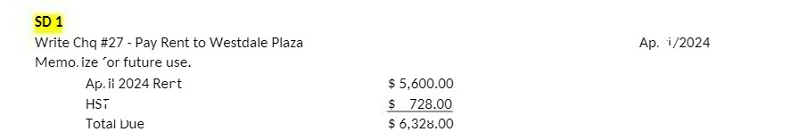 SD 1 Write Chq #27 - Pay Rent to Westdale Plaza