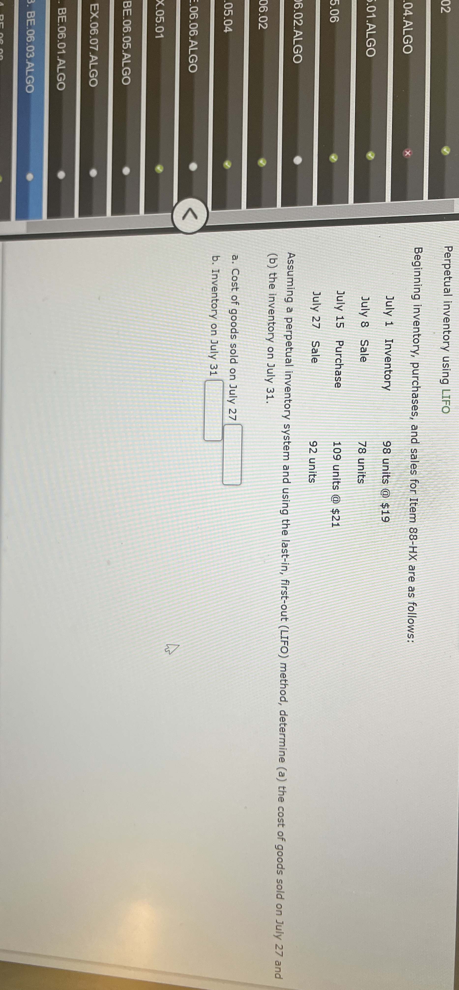0 2 Perpetual inventory using LIFO 0 4 . ALGO