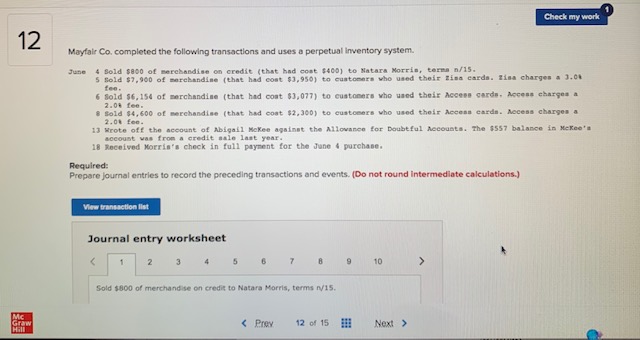Can you please help Check my work 12 Mayfair Co.
