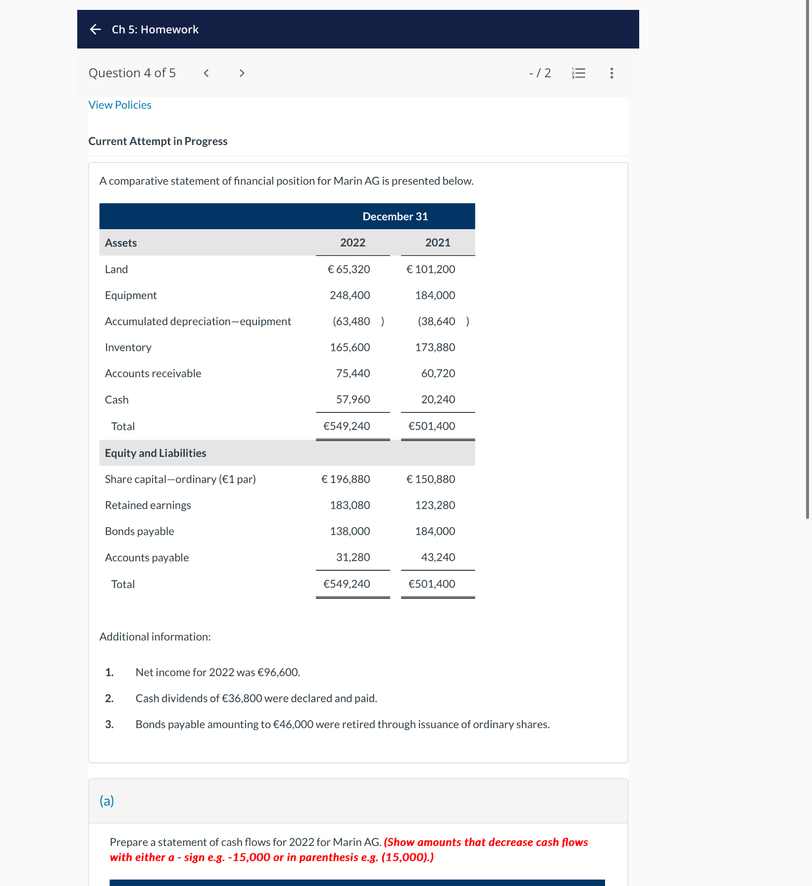 Ch 5 : Homework Question 4 of 5 - 2 View Policies