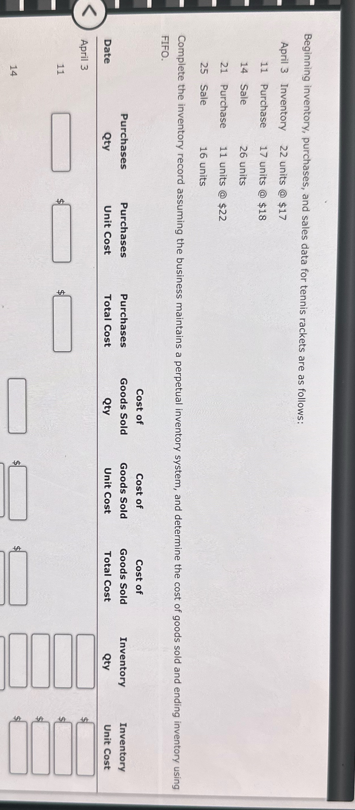 Beginning inventory, purchases, and sales data