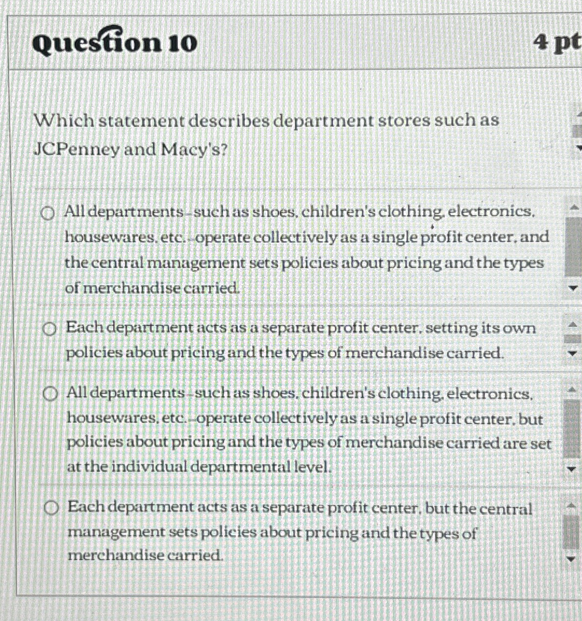 Question 1 0 Which statement describes department
