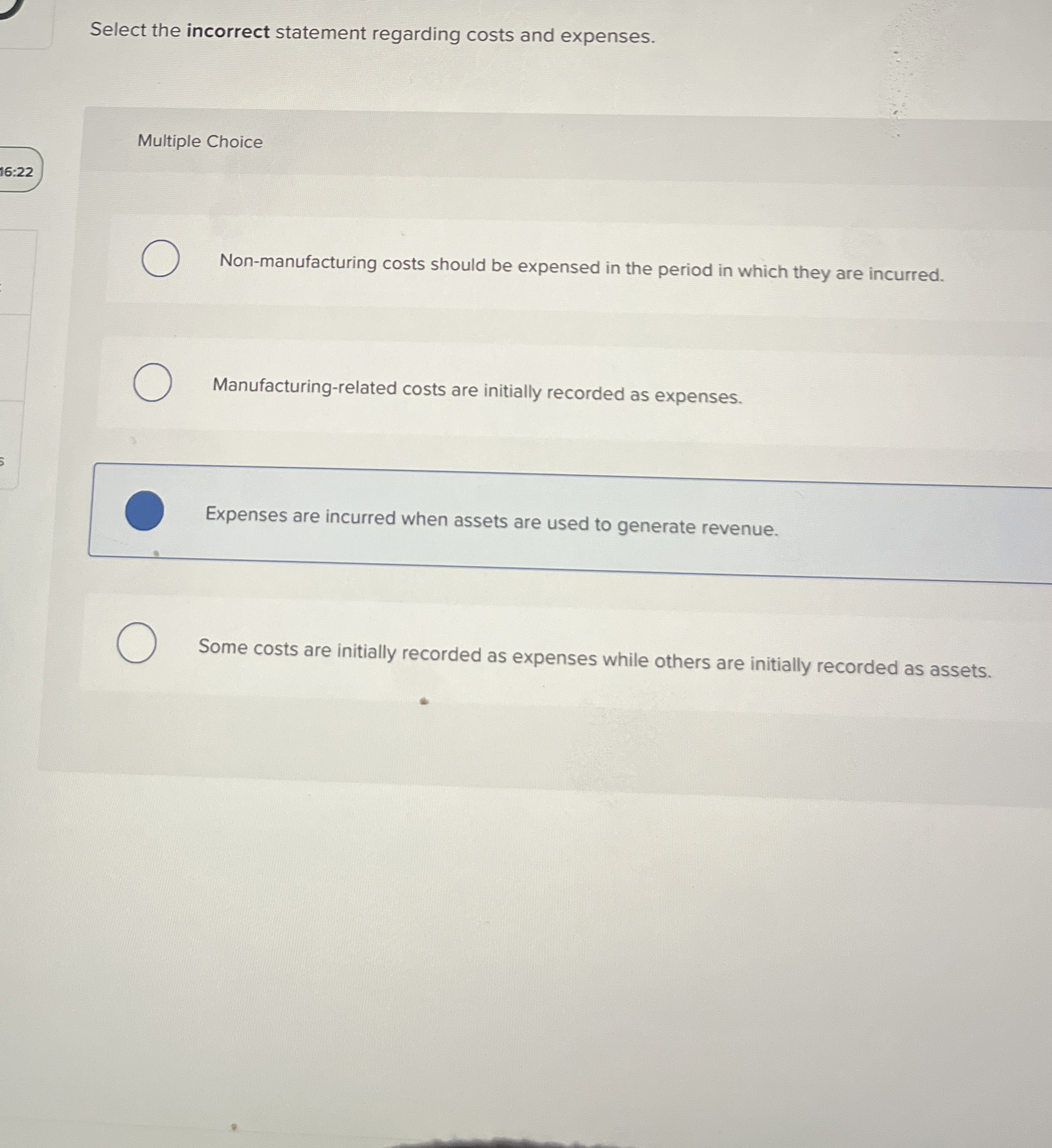 Select the incorrect statement regarding costs