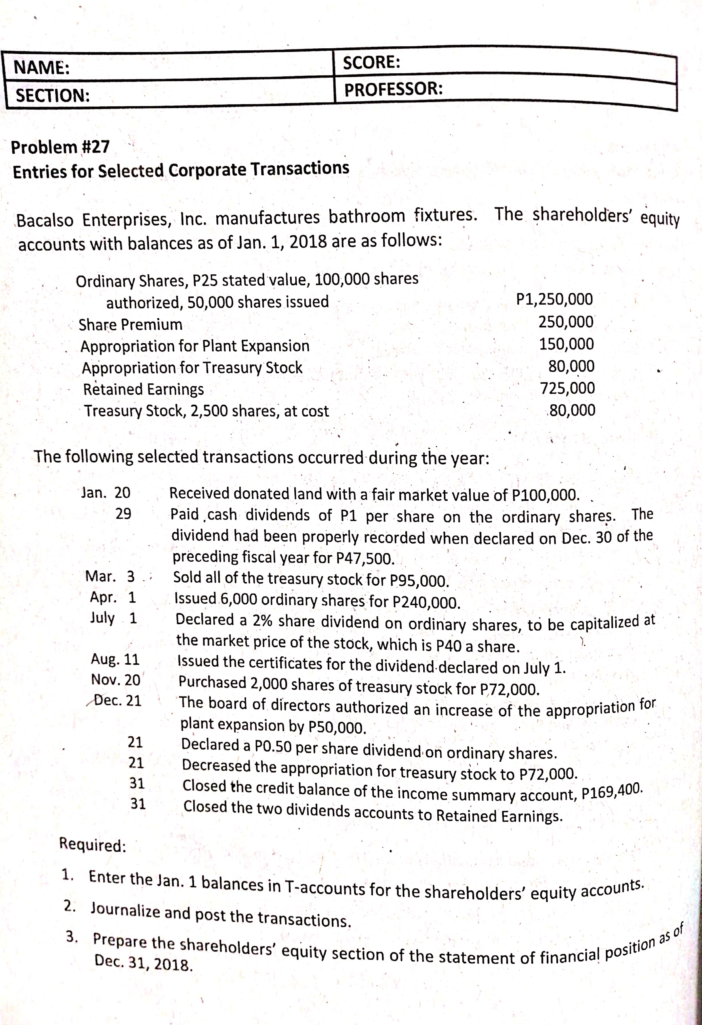 .......... NAME: SCORE: SECTION: PROFESSOR: