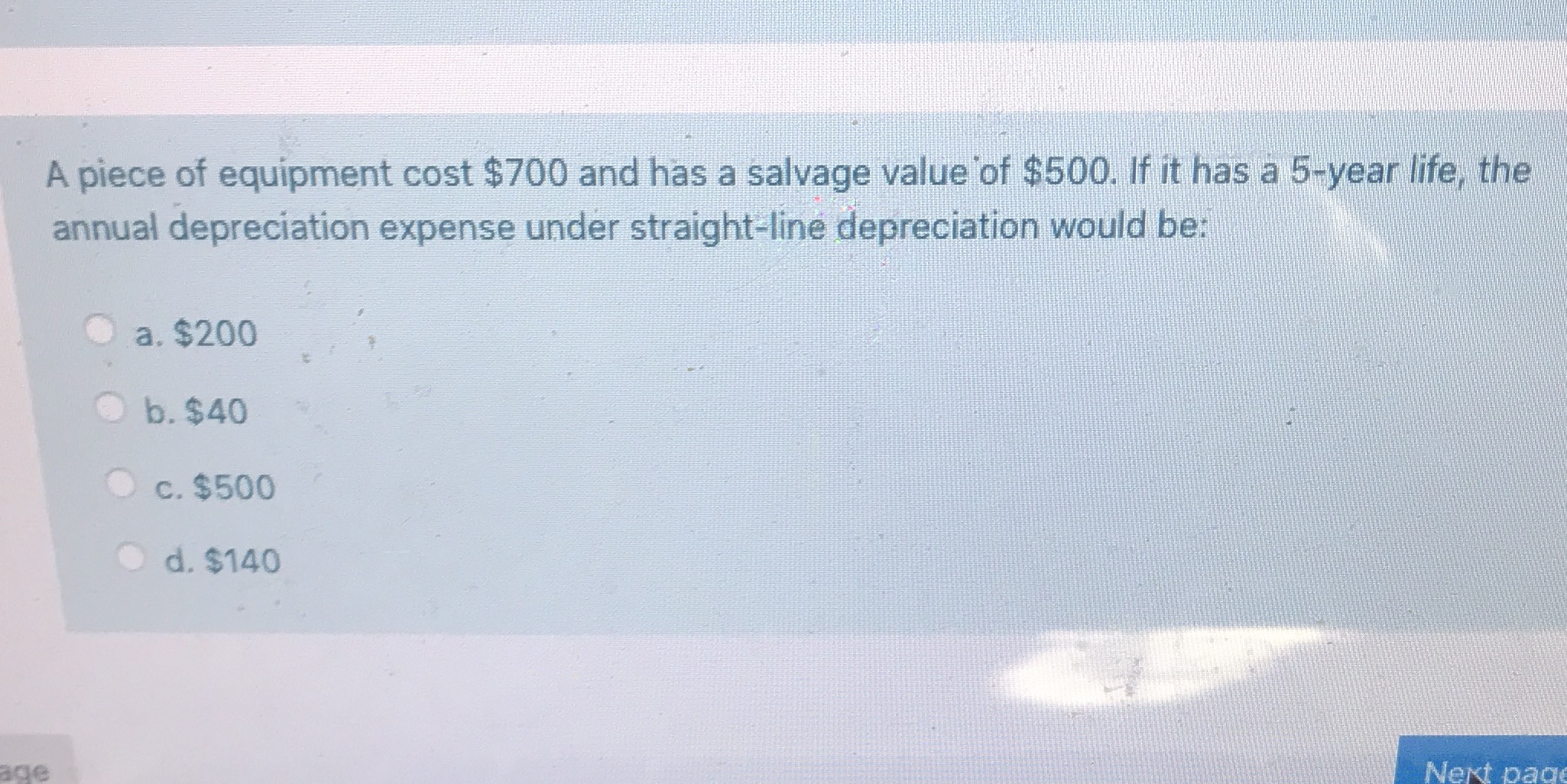 A piece of equipment cost $700 and has a salvage