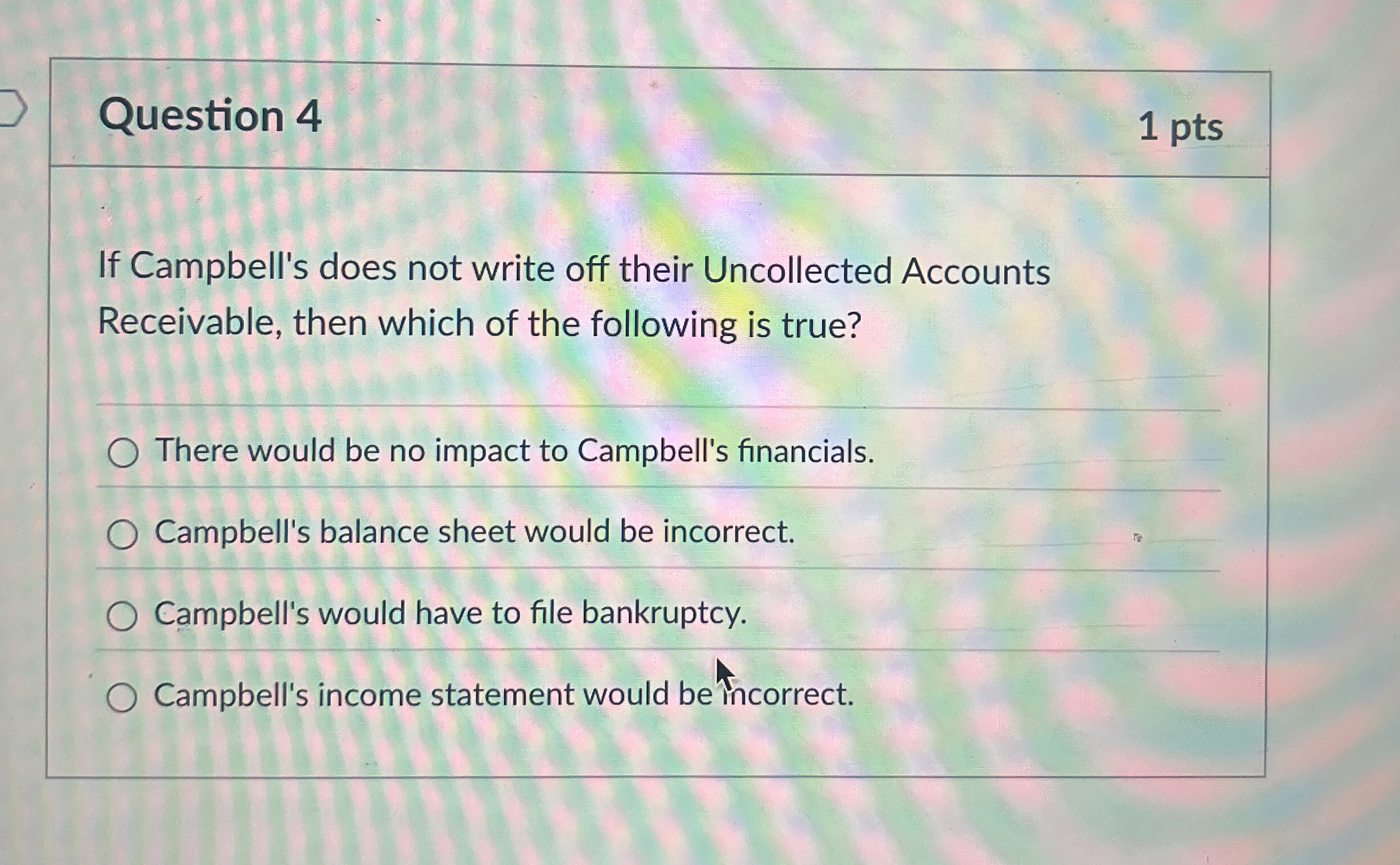Question 4 1 pts If Campbell's does not write off