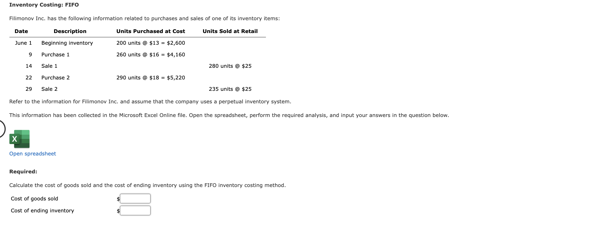 Inventory Costing: FIFO Filimonov Inc. has the